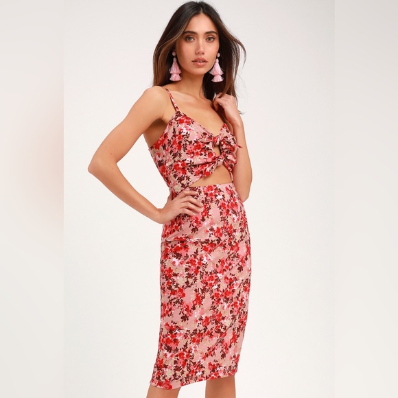 WAYF Victoria Floral Print Tie-Front Cutout Midi Dress Pink - Picture 1 of 8